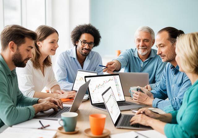 A diverse group of six people around a table with laptops, one pointing at a trending coins chart on a tablet, in a bright co-working space