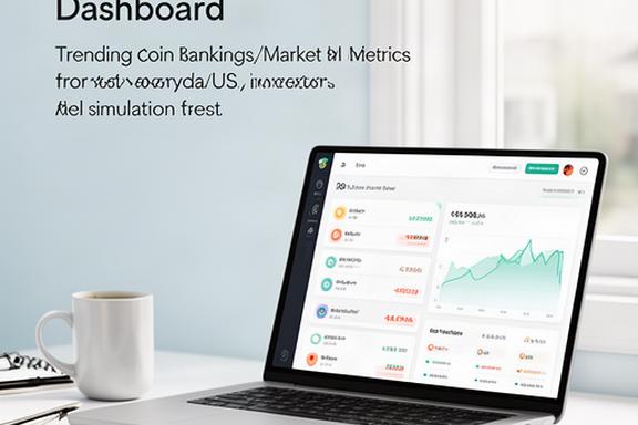 Crypto dashboard showing trending coins list and ROI simulation chart on a laptop screen in a home office