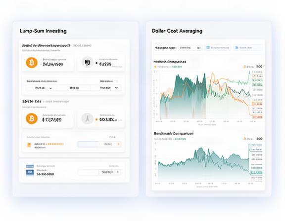 Split screen showing ROI simulation inputs for lump sum vs dollar cost averaging and a historical chart comparing crypto vs S&P 500