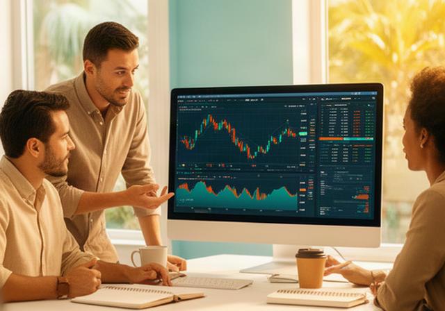 Small team of three collaborators around a monitor reviewing crypto dashbords in a sun-lit office in Lutz, Florida